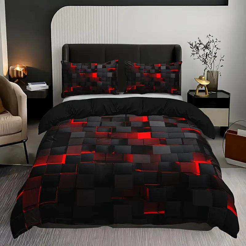 3-Piece Red Grid Print Duvet Bed Cover Set