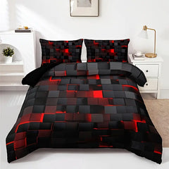 3-Piece Red Grid Print Duvet Bed Cover Set