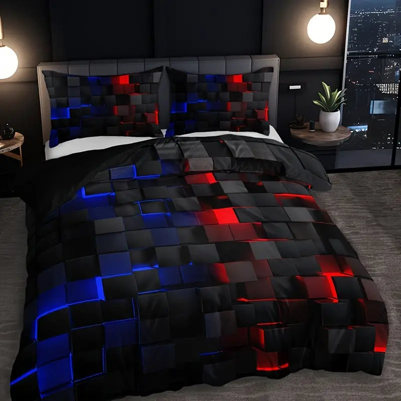 3-Piece Red Grid Print Duvet Bed Cover Set