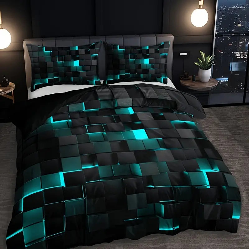3-Piece Red Grid Print Duvet Bed Cover Set
