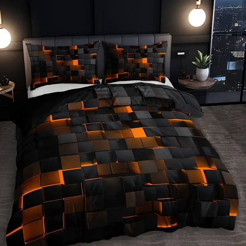 3-Piece Red Grid Print Duvet Bed Cover Set