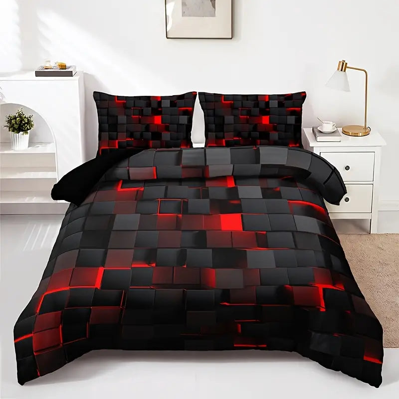 3-Piece Red Grid Print Duvet Bed Cover Set