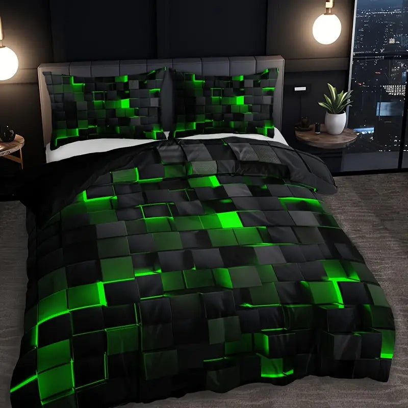 3-Piece Red Grid Print Duvet Bed Cover Set