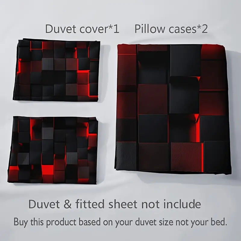 3-Piece Red Grid Print Duvet Bed Cover Set