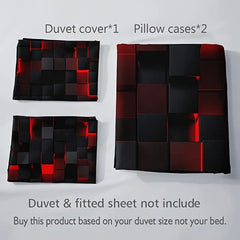 3-Piece Red Grid Print Duvet Bed Cover Set