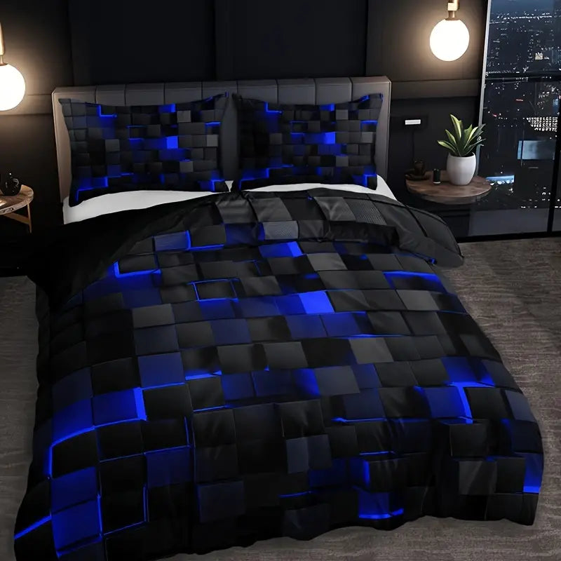 3-Piece Red Grid Print Duvet Bed Cover Set