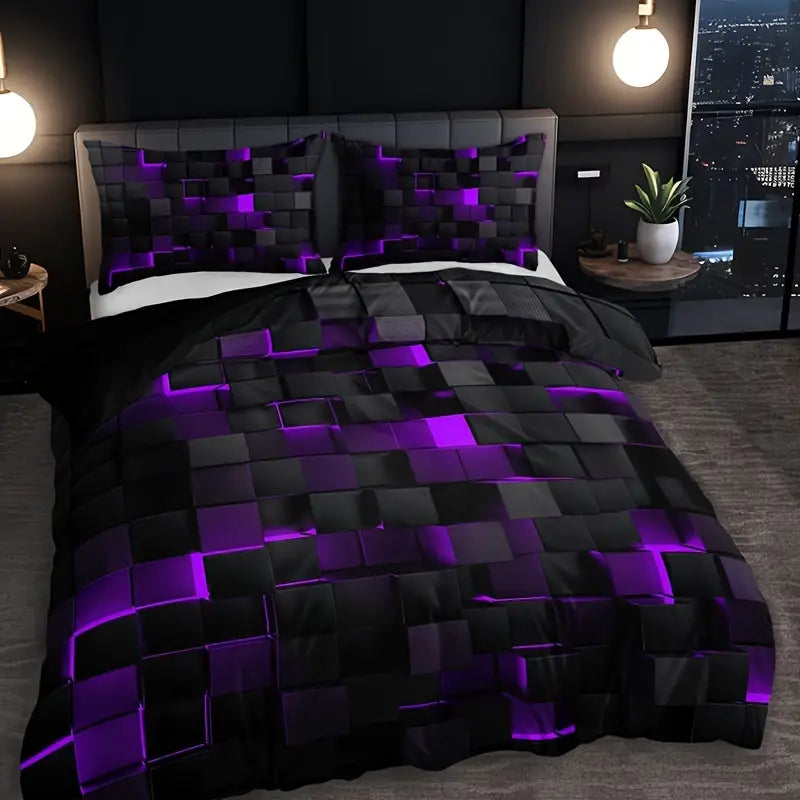 3-Piece Red Grid Print Duvet Bed Cover Set